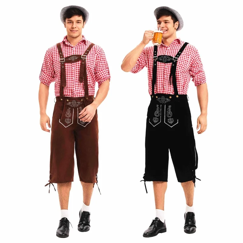 

M-XXL мужской немецкий Октоберфест Ледерхозен костюм с коротким рукавом клетчатая рубашка подтяжки шляпа комплект пивной фестиваль мужской косплей Хэллоуин