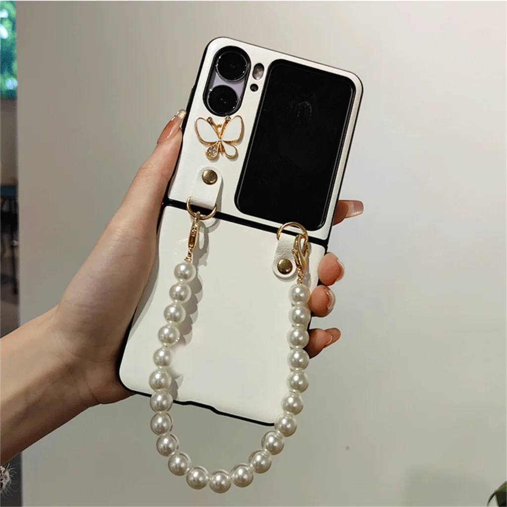 Luxury Pearl Bracelet Phone Case for OPPO Find N3 FLIP findn3 flip Find N2 Flip Simple Veneering Butterfly Shockproof Cover