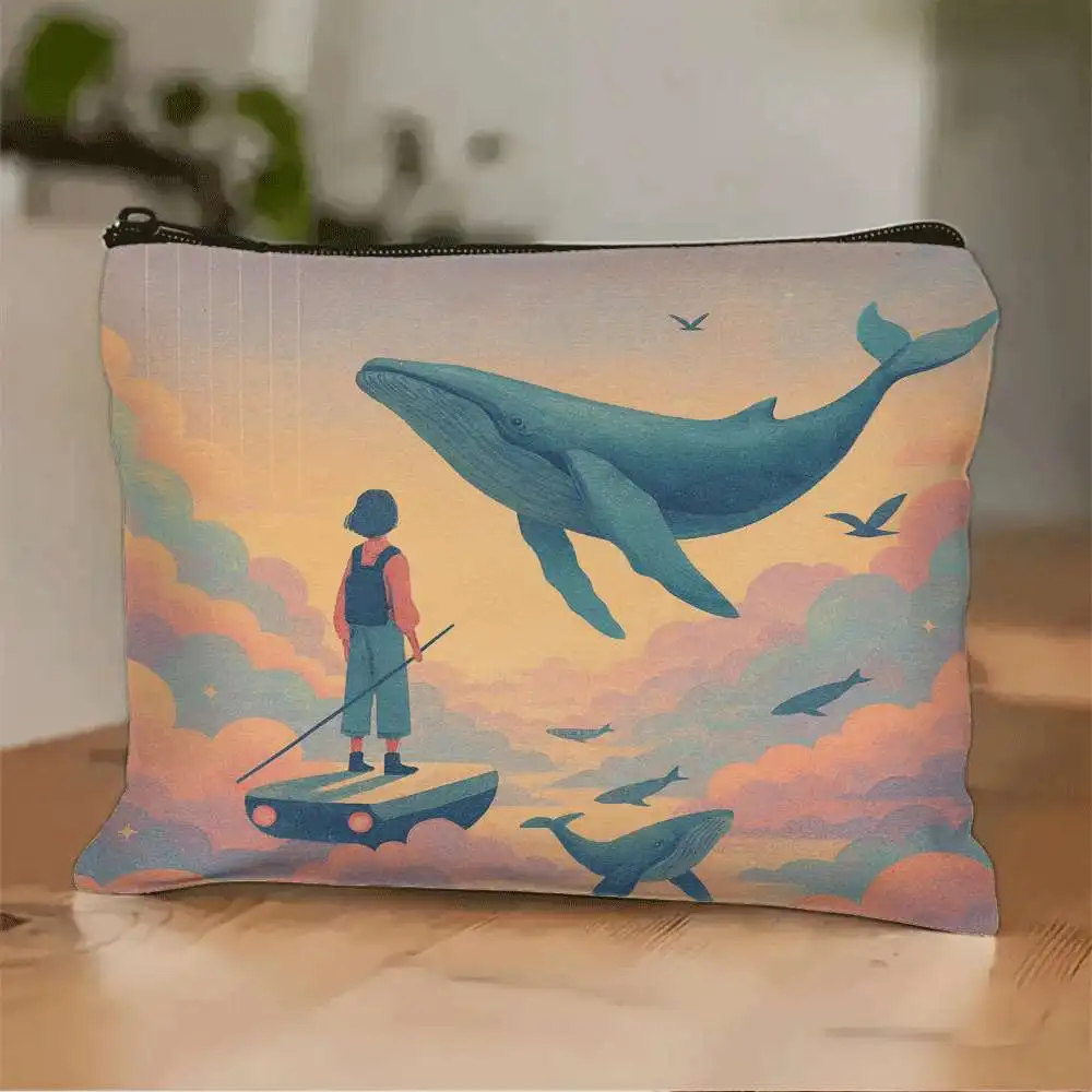 1 Piece Whale and Girl Makeup Bag - Women's Multifunctional Zipper Pouch, Perfect Travel Zipper Storage Bag, Fun Birthday Gift