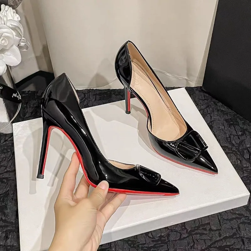 2025 New Summer Women High Heels Sexy Pointed Toe Nightclub Stripper Red Bottom Sandals Elegant Patent Leather Dress Party Shoes