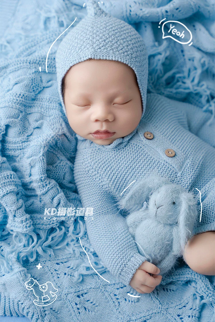 

Newborn Photography Props Blue Knit Romper with Matching Hat Bunny Plush Toy Studio Photoshoot Costumes for Baby Girl Boy