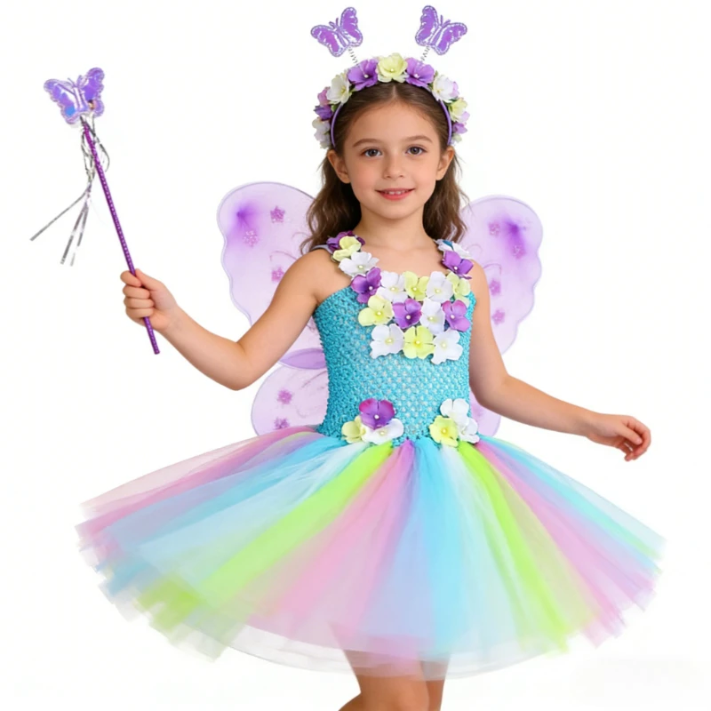Flower Fairy Princess Costumes for Girls New Year Birthday Train Outfits for Kids Tinkerbell Tutu Dress with Butterfly Wings