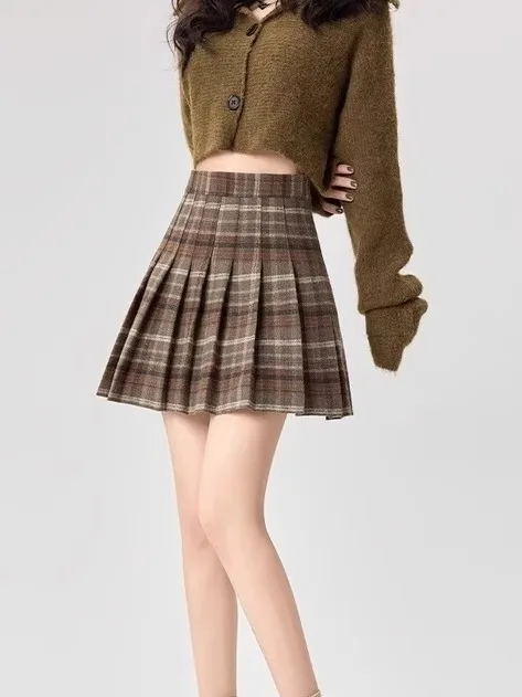 

Spring New plus Size British Style Plaid Woolen A-Line Skirt Women Anti-Light Folded High Waist Commuter Style Short Skirt