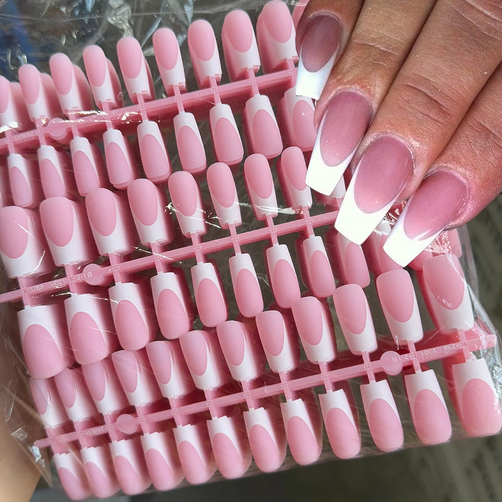 

120 шт., розовые, белые французские накладные ногти среднего размера, матовые акриловые длинные квадратные накладные ногти с полным покрытием, носимые накладные ногти*&