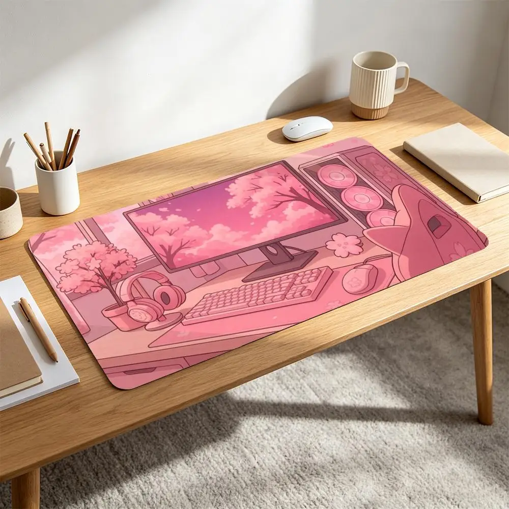 Pink Sakura Cherry Blossom Large Mouse Pad XXL Cute Anime Pastel Room View Anti‑Slip Rubber Desk Mat Aesthetic Pink Cloud Lands