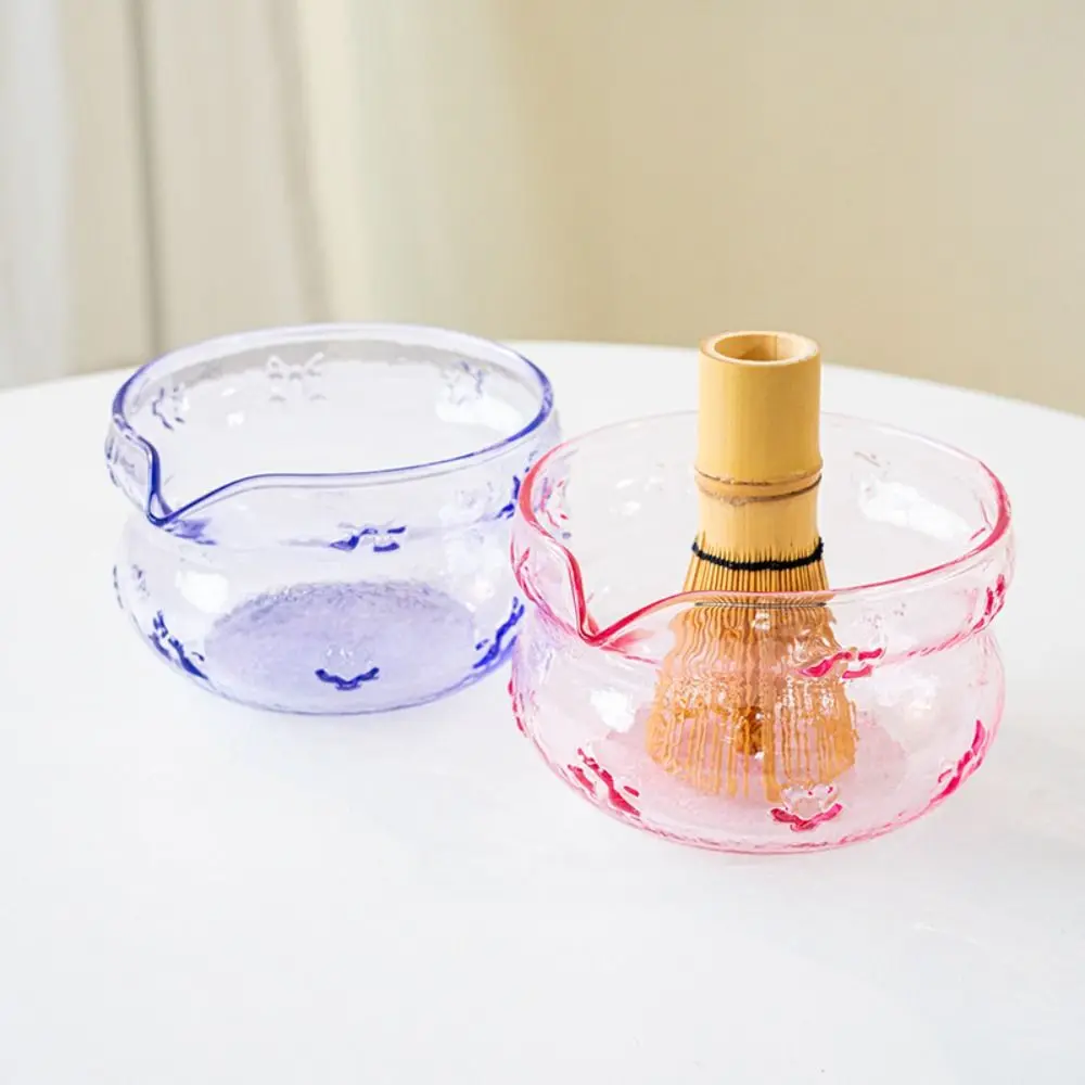 New Glass Matcha Bowl Bowknot Pink Matcha Making Kit with Pouring Spout Reusable Matcha Whisk Set Tea Lovers