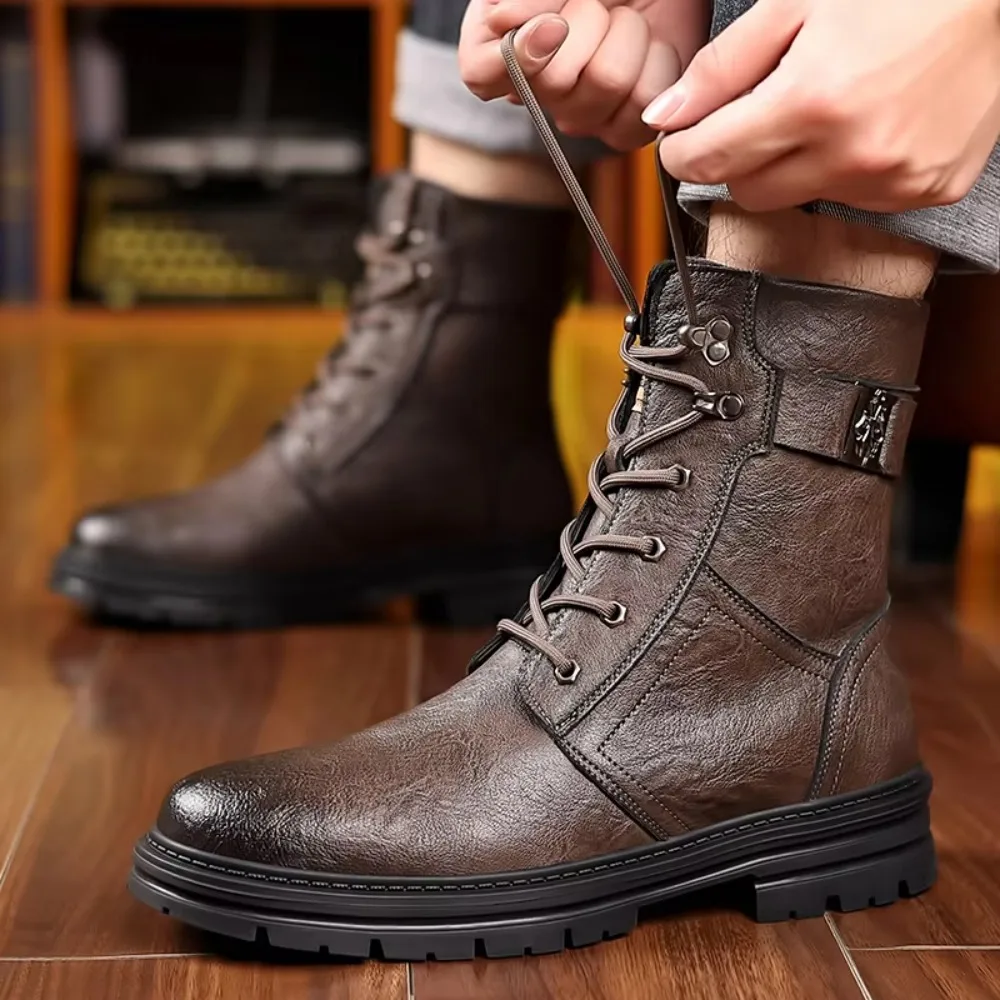 New in Winter Men Boots Warm Plush Lace-up Ankle Boots Comfy Office Work Shoe Casual Formal Footwear Brand Men's Leather Shoes