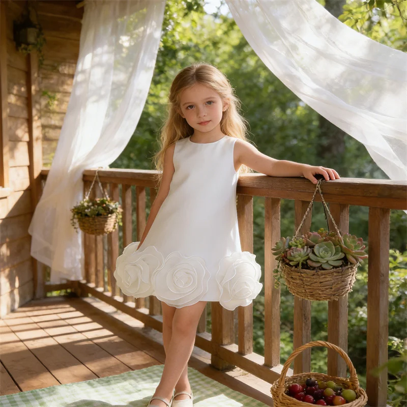 Baby Kids Princess Flowers Satin Bow Flower Girl Dress Children First Communion Dress Ball Gown Wedding Party Dress Birthday