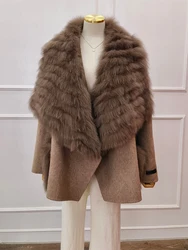 Hand Make Women Winter Oversize Woolen Jacket Real Fox Fur Collar and Pocket Decoration Woolen Coat