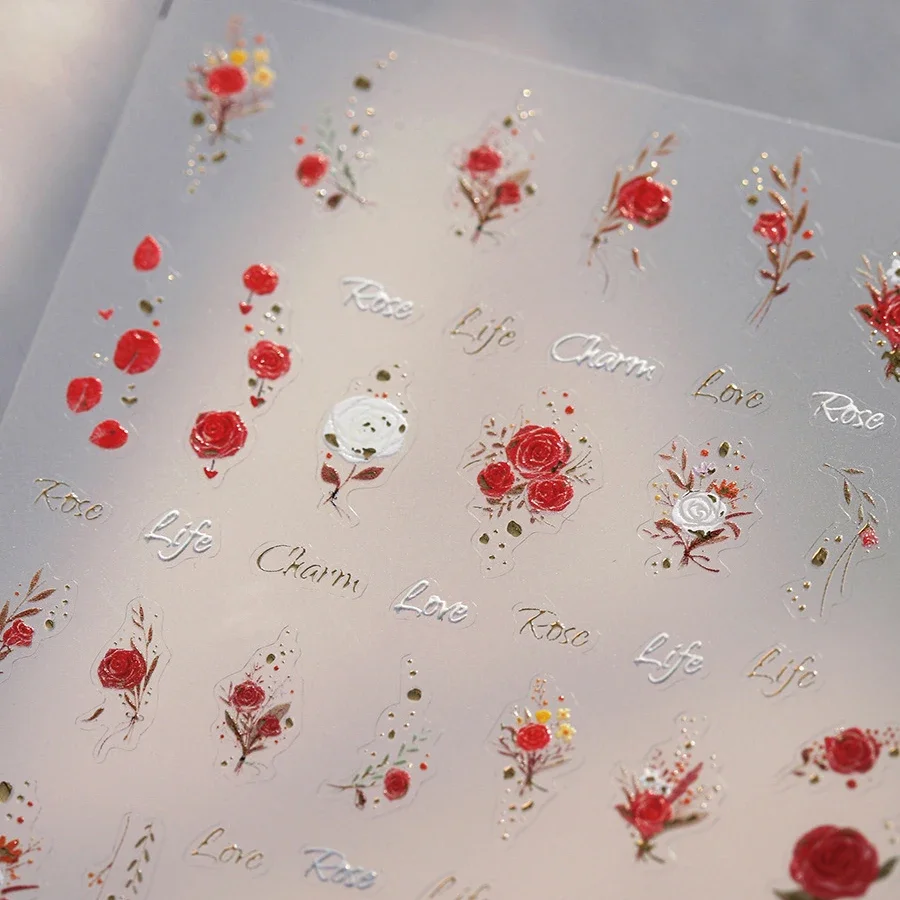 Chic Romantic Red White Flower Hot Stamping 5D Self Adhesive Nail Art Stickers Shiny Dreamy Camellia Rhinestone Manicure Decals