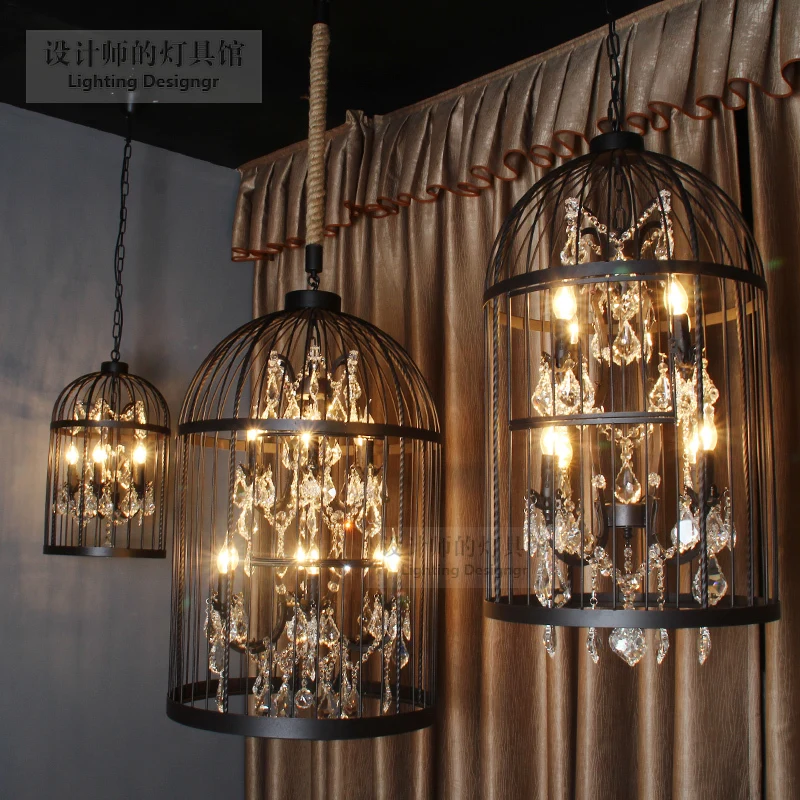 Rusty/Black, 35/50/60cm, Retro Crystal Chandelier Bird Cage Rope Cable, Pendant Hotel Restaurant Bar Club Creative Lamp