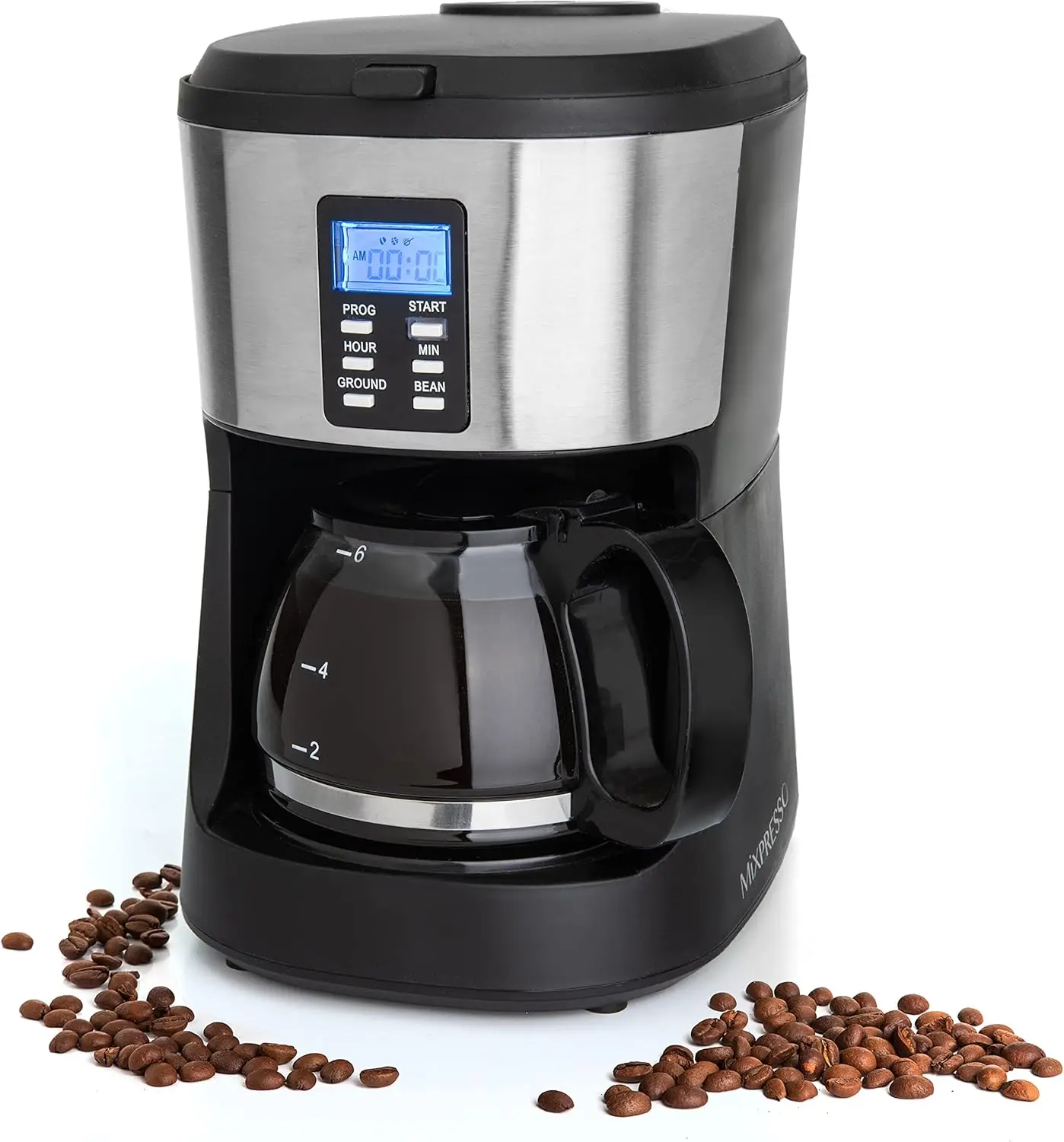 Automatic Drip Coffee Maker with Built-In Burr Grinder, 5-Cup Programmable Smart Coffee Machine with Timer, Glass Carafe Include