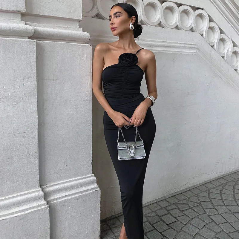 2025 nieuwe Europese en Amerikaanse dameskleding enkele schouder jarretel bloem geplooide taille heup wrap sexy hot temperament verbod