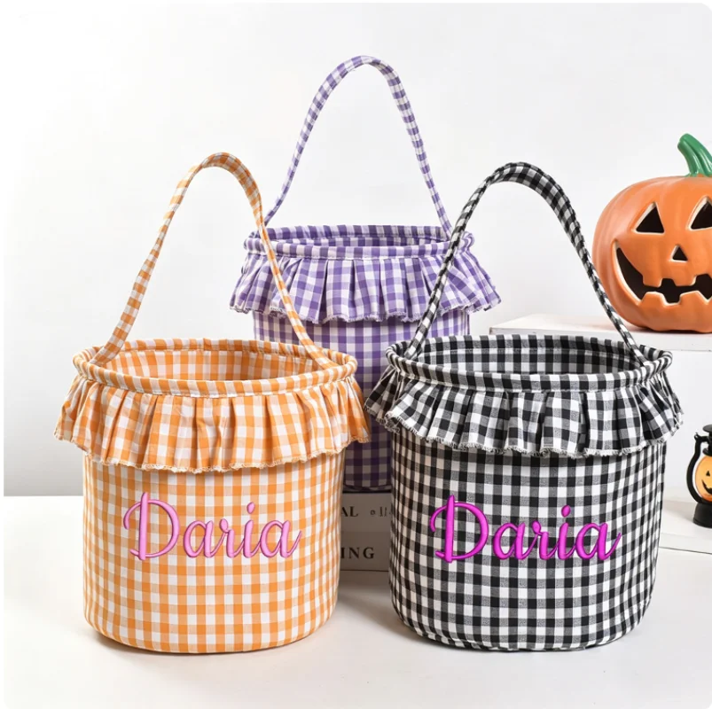 Personalized Halloween Grid Portable Storage Basket Custom Name Trick-or-Treat Bag New Design Pumpkin Ghost Bat Patches Bags