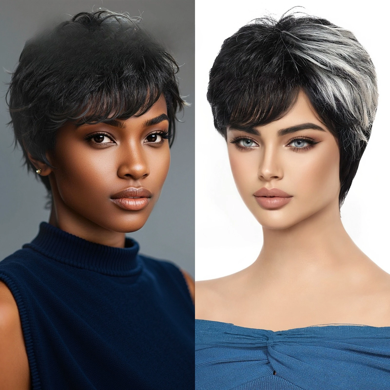 

Daily temperament short hair curly hair pixie wig black brown color mixing mechanism high temperature silk full headgear