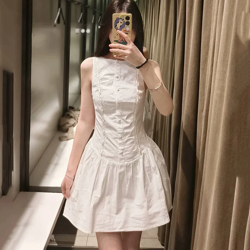 

Women French Sleeveless Dress Single Breasted Loose Hem A-line Mini Dress O Neck High Waist Dress Female New Holiday Party Dress
