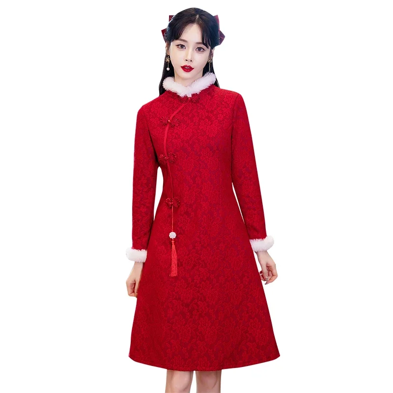 Plus Size New Fashion Fleece Chinese Style Cheongsam Winter Long Sleeve Modern Dress Women Costumes Elegant Qipao