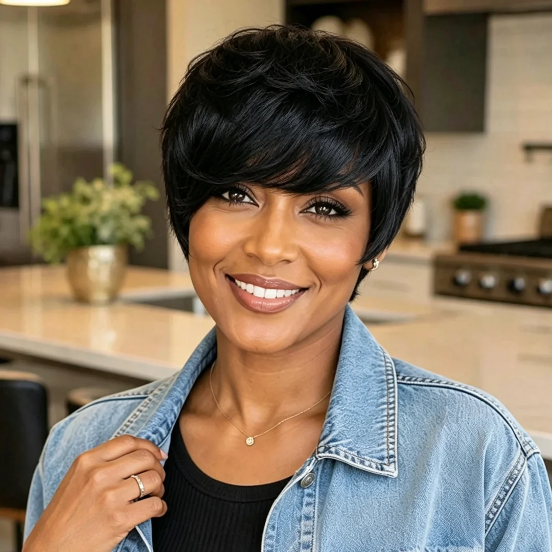 Pixie Cut Wig Human Hair, 4-inch Short Straight Layered Wigs for Women Full Machine-Made Wigs with Bangs, Natural Black Color