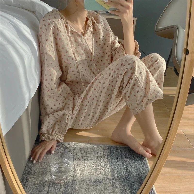 Spring Autumn 100% Cotton Pajamas Set Shivering Cherry Print Lace Sleepwear Pyjamas Pants 2 Pcs Long Sleeve Homewear Suit