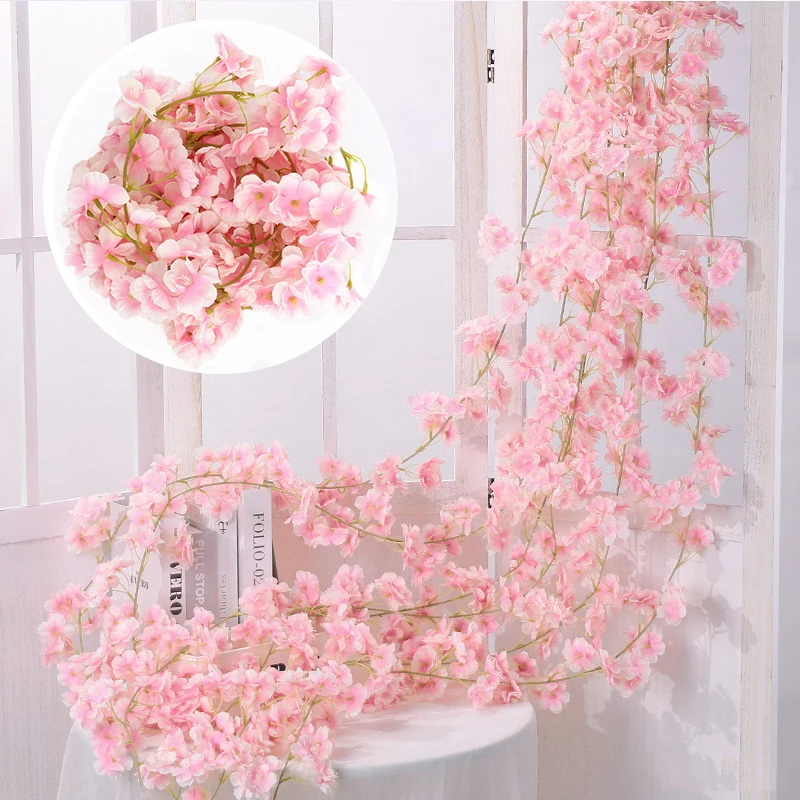 

1.8/2.3M Silk Artificial Flowers Cherry Blossom Rose Fake Vines Home Party Rattan Wall Hanging Garland Wreath Slinger Decoration