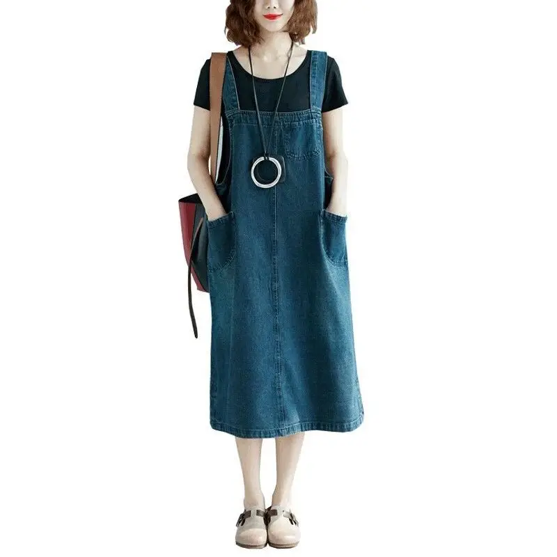 

Women Spaghetti Strap Denim Dreses 2024 Spring Summer Fashion Casual Loose Pocket A-line Jeans Dress Female Overalls