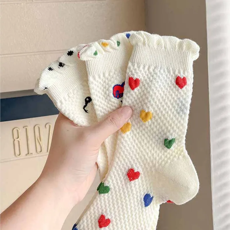 

Белые носки женские в горошек с принтом сердца, короткие носки с рюшами, японские кавайные милые уличные носки в стиле Харадзюку для девочек, подарок