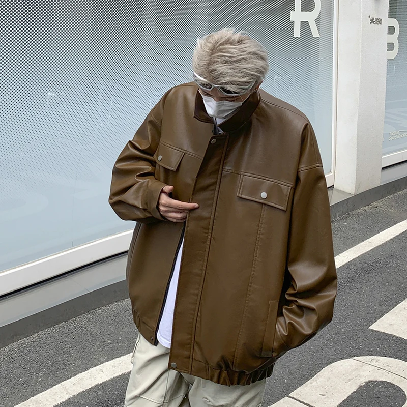 Уличная куртка из искусственной кожи, Мужская Осенняя американская винтажная куртка большого размера с воротником, Повседневная мотоциклетная куртка унисекс с карманами