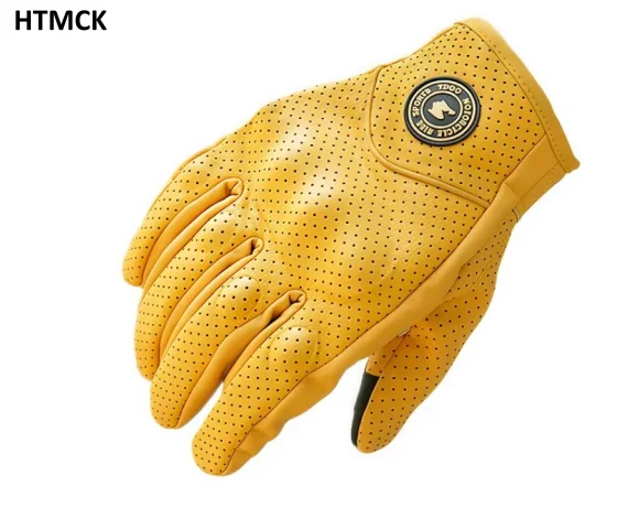 HTMCK Yellow Summer Motorcycle Gloves, Breathable Perforated PU Leather Racing Motocross Protective Gloves for Men Women