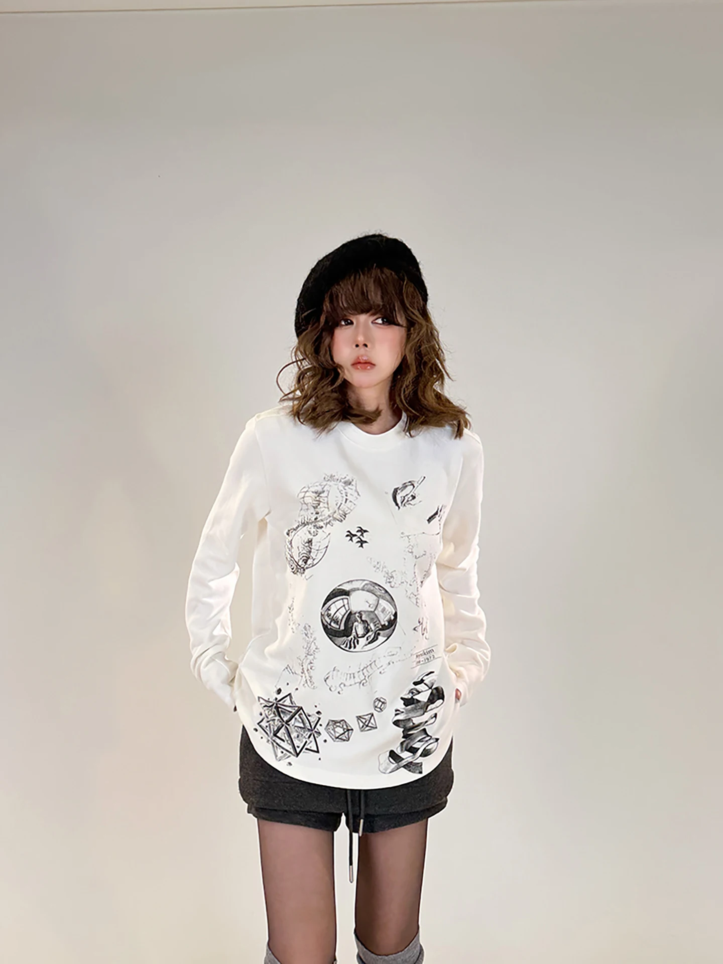 

Meysikim White Long Sve Base irt Women's Inner Wear Double Sided Printing Loose Fit Cotton Geometric Pattern round Ne