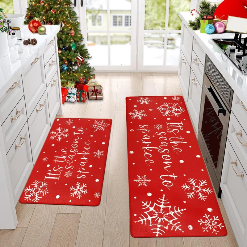 

Christmas Snowflake Kitchen Floor Mat 2-piece Set Red Living Room Bedroom Decorative By Mat 16inX24in 17inX47in