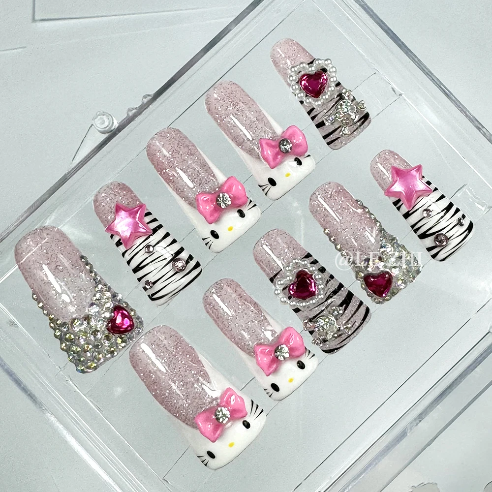 

Kawaii Cartoon Wearable Press on Nail Floral Bowknot Rhinestone Decoration Hello Kitty Mymelody Kuromi Artifical Full Cover Nail