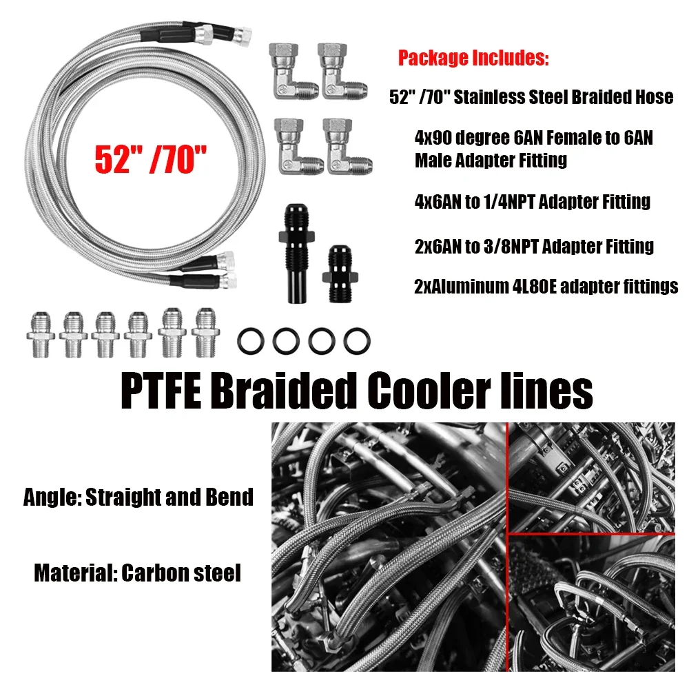 

52“ or 70" Transmission Cooler Hose for 700R4 4L60 4L60E 4L65E 4L80E SS Braided Lines Compatible with Ford C4/C6/AOD & GM Chevy