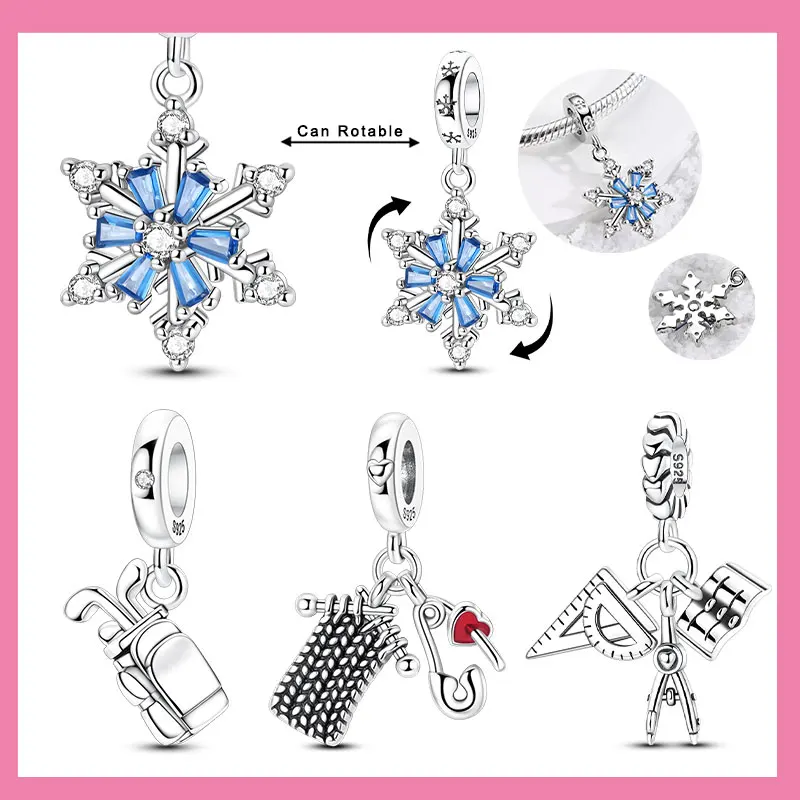 

9925 Sterling Silver CharmsWinter Series Rotating Snowflake Scarf Beads Pendant Fit Original Bracelet DIY Jewelry for Women
