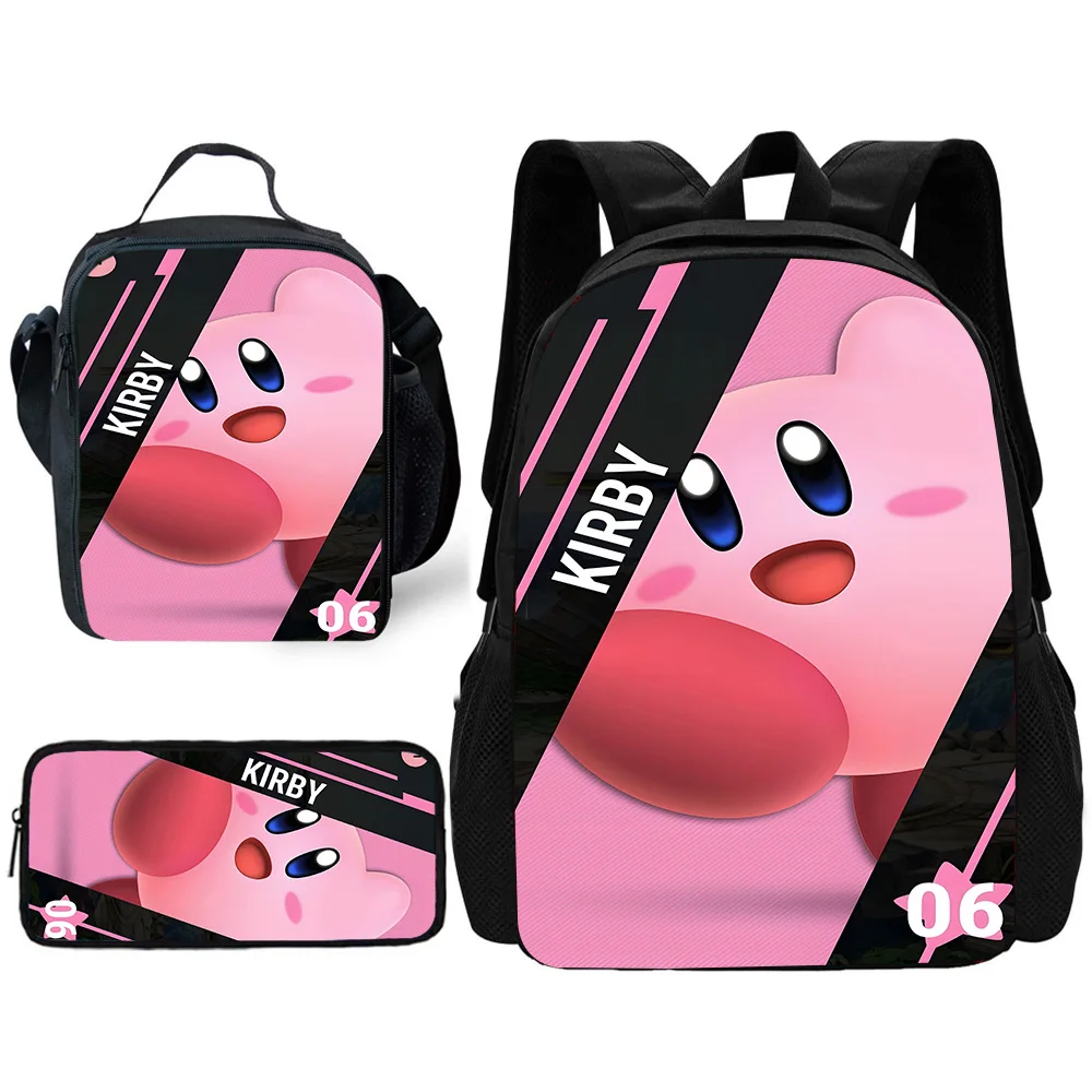 Cute Pink Kirbys Mochila com Lunch Bags, Sacos de lápis, Mochilas escolares para meninos e meninas, Melhor presente para criança