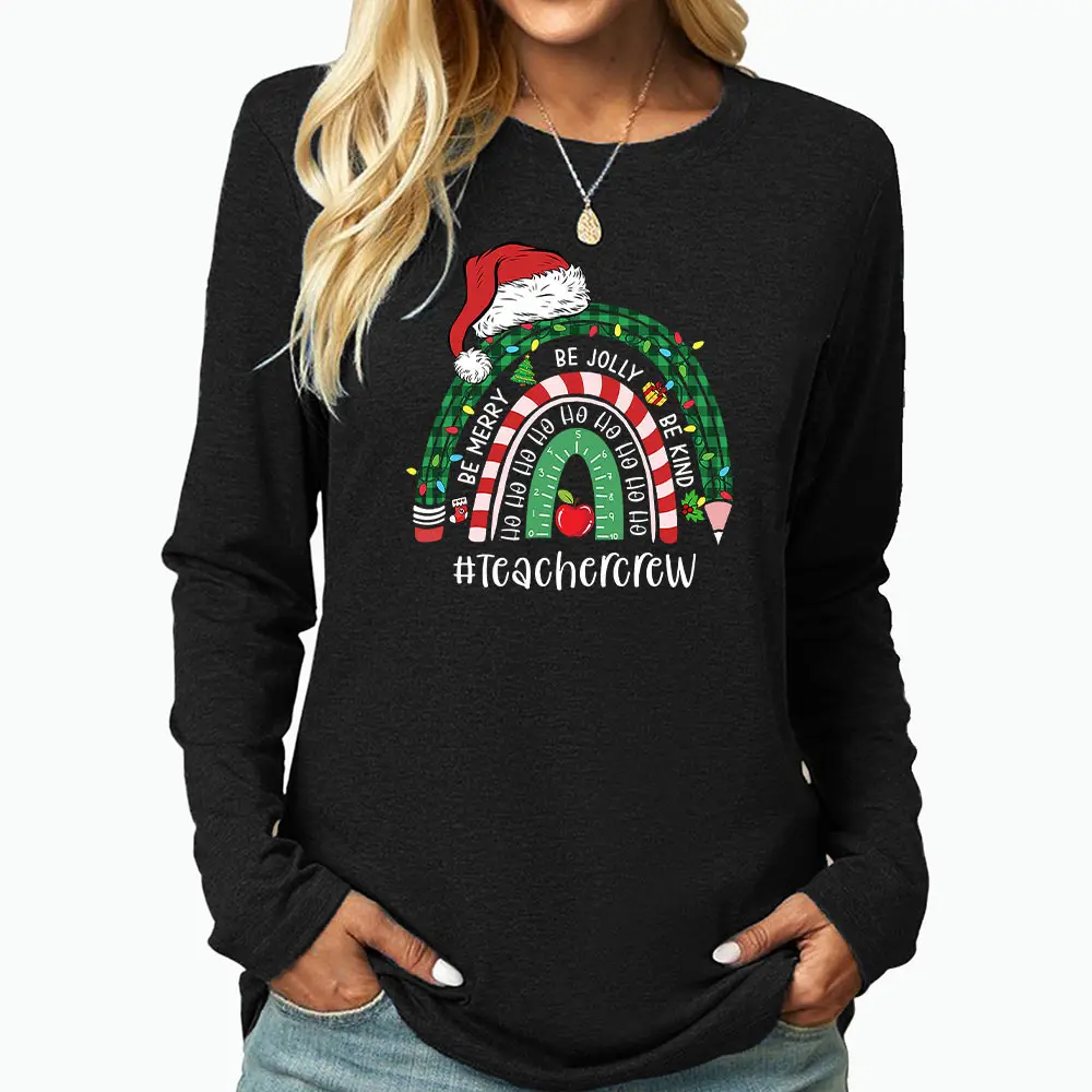 

Women Casual Arched Christmas Hat Printing Long Sleeve T-Shirts Round Neck Y2K Female Slim Fit Base Tees Tops Casual