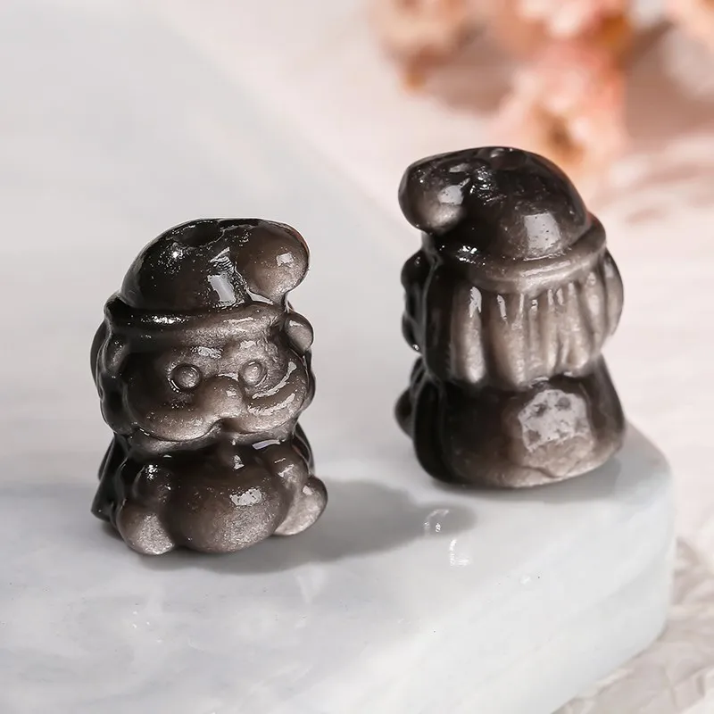 1 Pc Natural Stone Silver Obsidian Carving Bead Santa Claus Shape Cartoon Pendant For Jewlery Making Diy Necklace Accessory