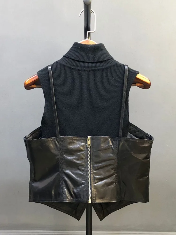 Sexy Female Genuine Leather Short Vests Solid Color Versatile Strap Cowhide Waistcoat High Quality Slim Zipper Sleeveless Vest