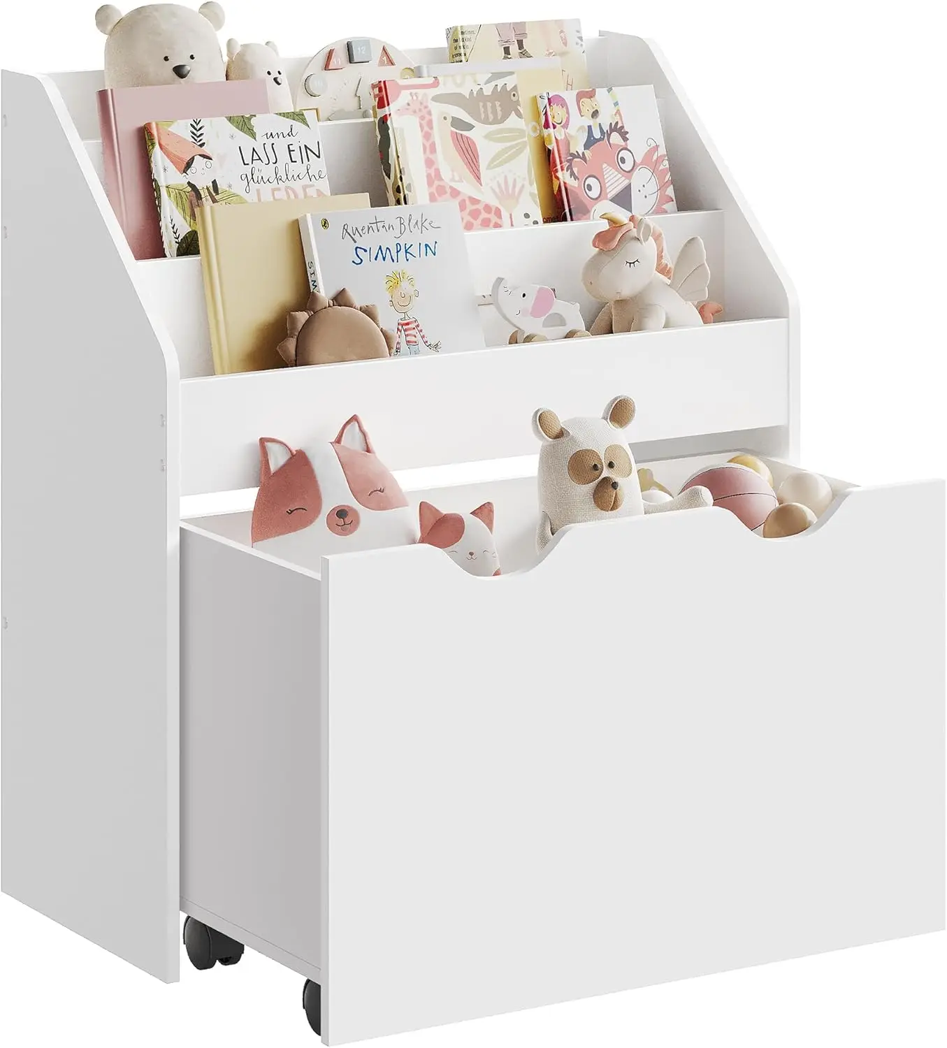 Kinderboekenplank en speelgoedorganizer, speelgoedopbergkist en boekenkast met 3 planken, opbergdoos met wielen, multifunctioneel, voor kinderen