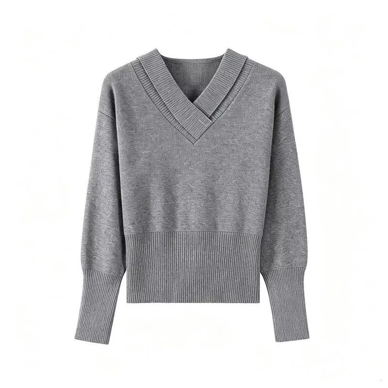 Women Cross V Neck Knit Sweater Cropped Waist Slim Minimalist Solid Top Autumn Winter