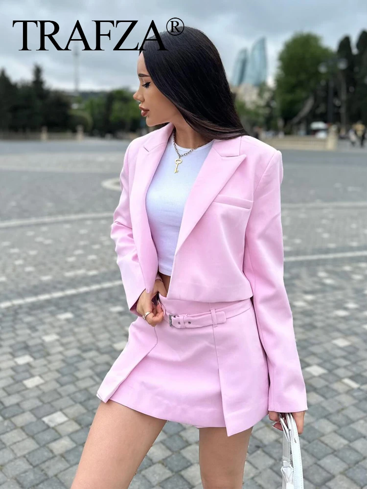 TRAFZA Women Casual Blazer Skirt Set Solid Thin Long Sleeve Top+Zipper Belt Fold Mini Skirt Shorts 2024 Office Lady 2 Piece Sets