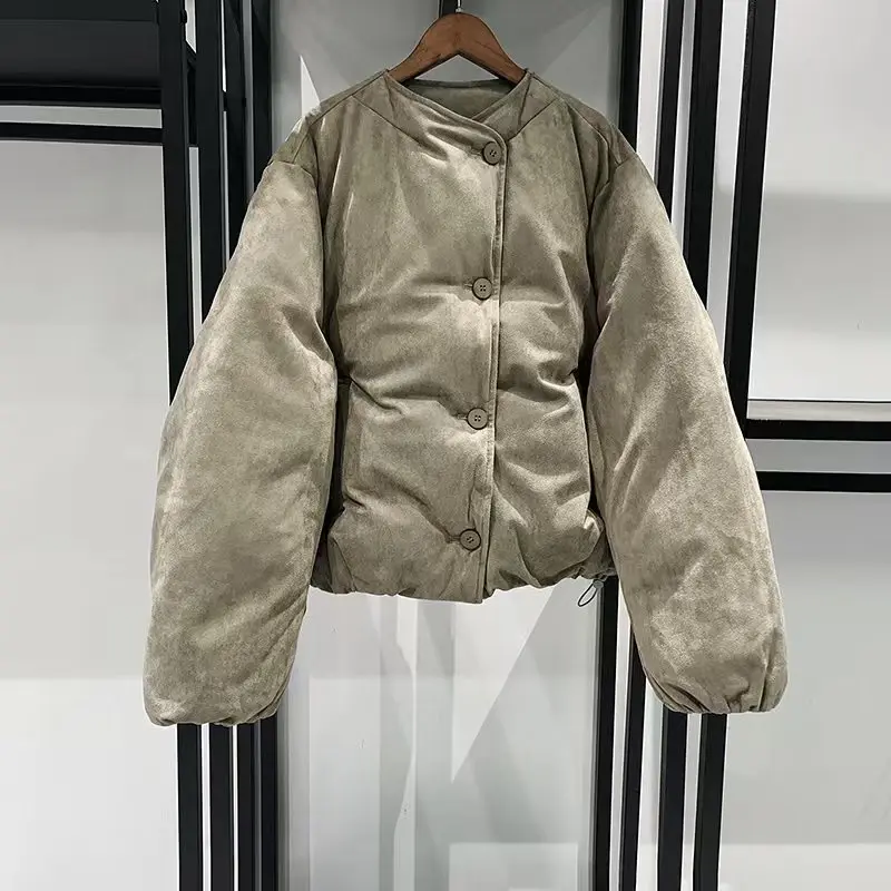 Women's Eco-Friendly Suede Jacket, Fur Collar, Short-Length Warm Puffer Coat, High-Quality Parka, 2025, Winter, New Arrival, Y2K