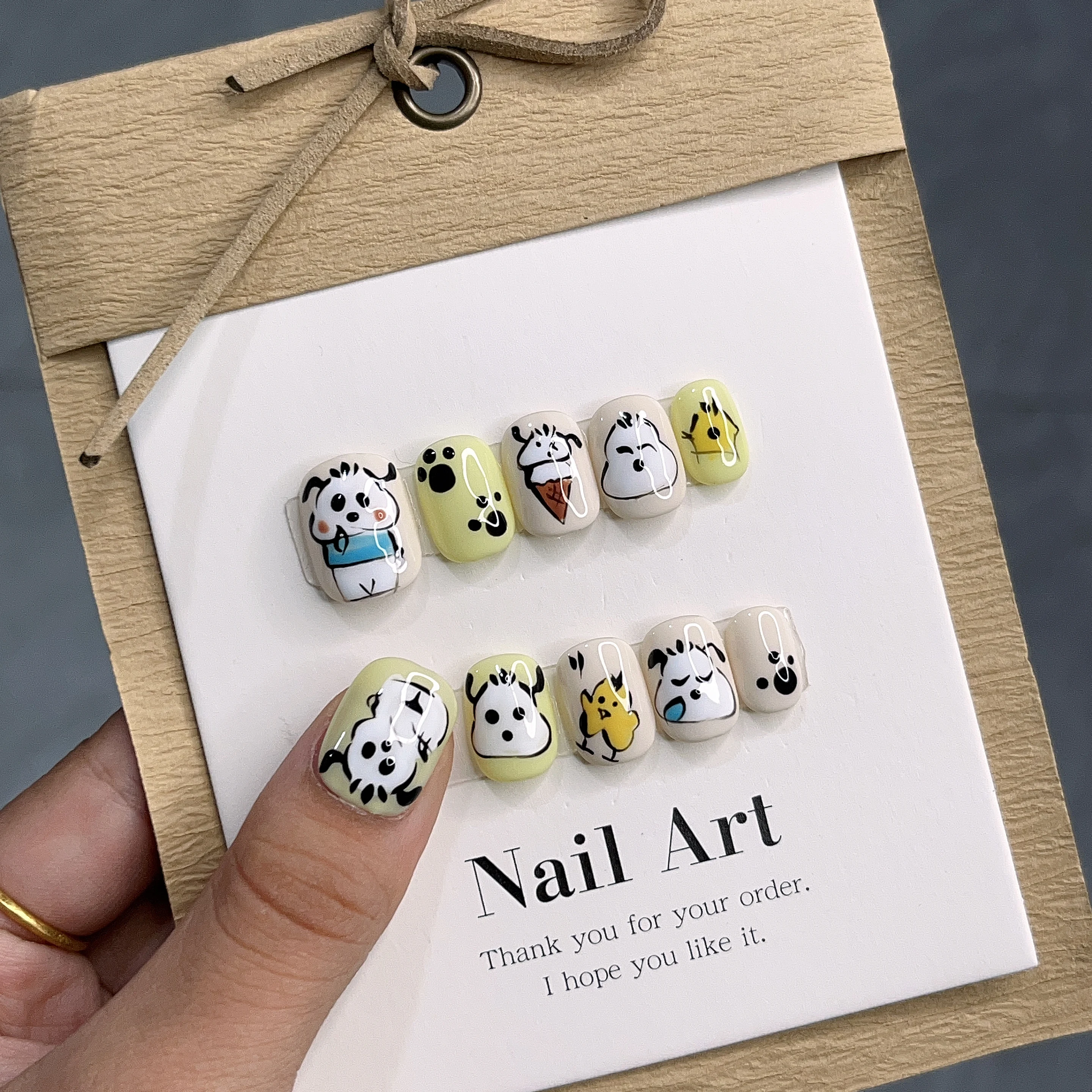 Emmabeauty Handmade Press On Nails Hand-painted Little Yellow Pacha Dog Cute Silly.No.EM24496