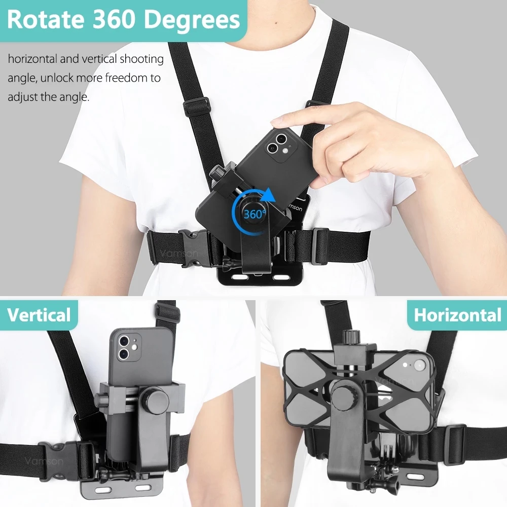 Vamson for Gopro 12 11 10 9 Accessories Chest Strap Body Harness Universal Phone Clip for iPhone Xiaomi Samsung Huawei Insta360