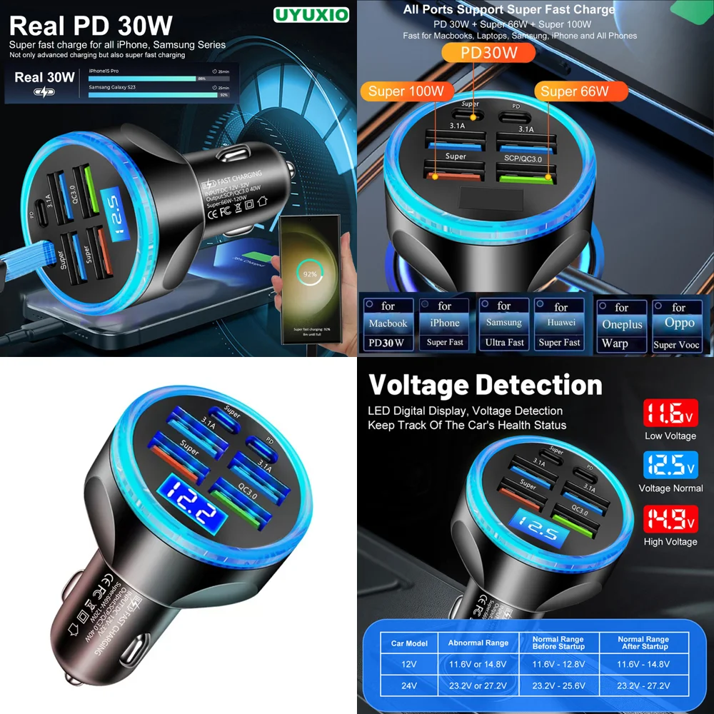 Trending 6 in 1 Fast Charge Adapter in Car Multi Port Full PD 30W USB Car Charger with Voltage Display Dropshipping Products