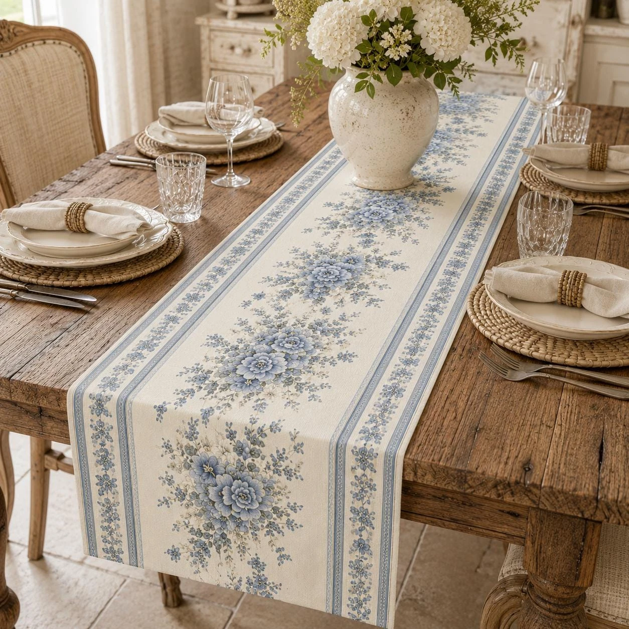 French Country Vintage Blue Floral Faux Linen Table Runner Farmhouse Spring Wedding Dining Table Decor