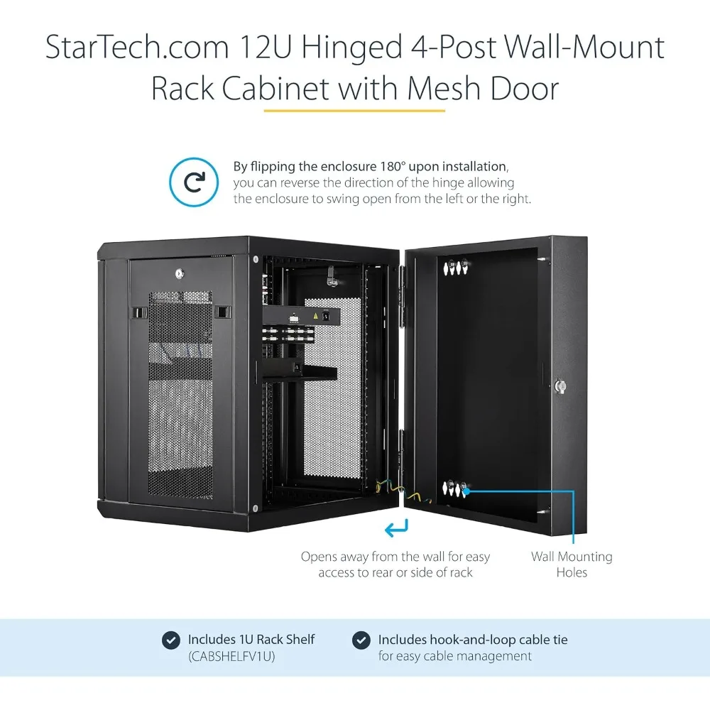 

4-Post 12U Wall Mount Network Cabinet with 1U Shelf, 19in Wall-Mounted Server Rack, Up to 16in Mounting Depth