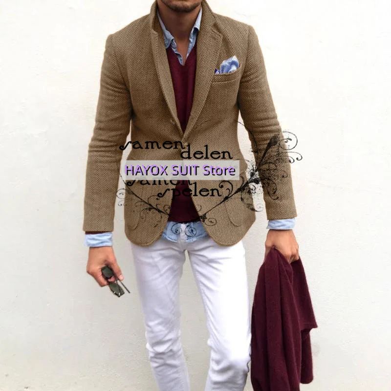 2022 elegante Mode Männer Tweed-Blazer Set Slim Fit Einreiher Mehrere Taschen Kostüm Homme Smoking