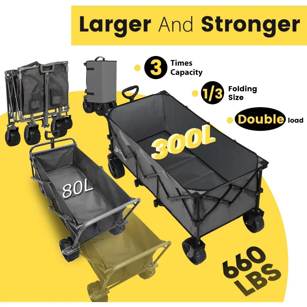 300L Collapsible Wagon with 660 lb Capacity, 48 in Long, Heavy Duty Folding Utility Cart