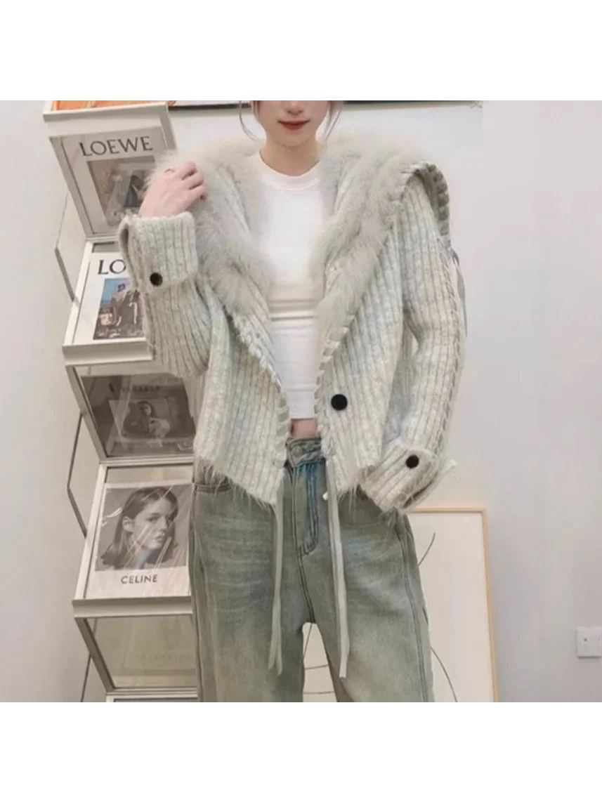 Gray Car Strip Streamer Lapel Sweater Jacket for Women in Autumn and Winter New Loose Temperament Knitted Cardigan