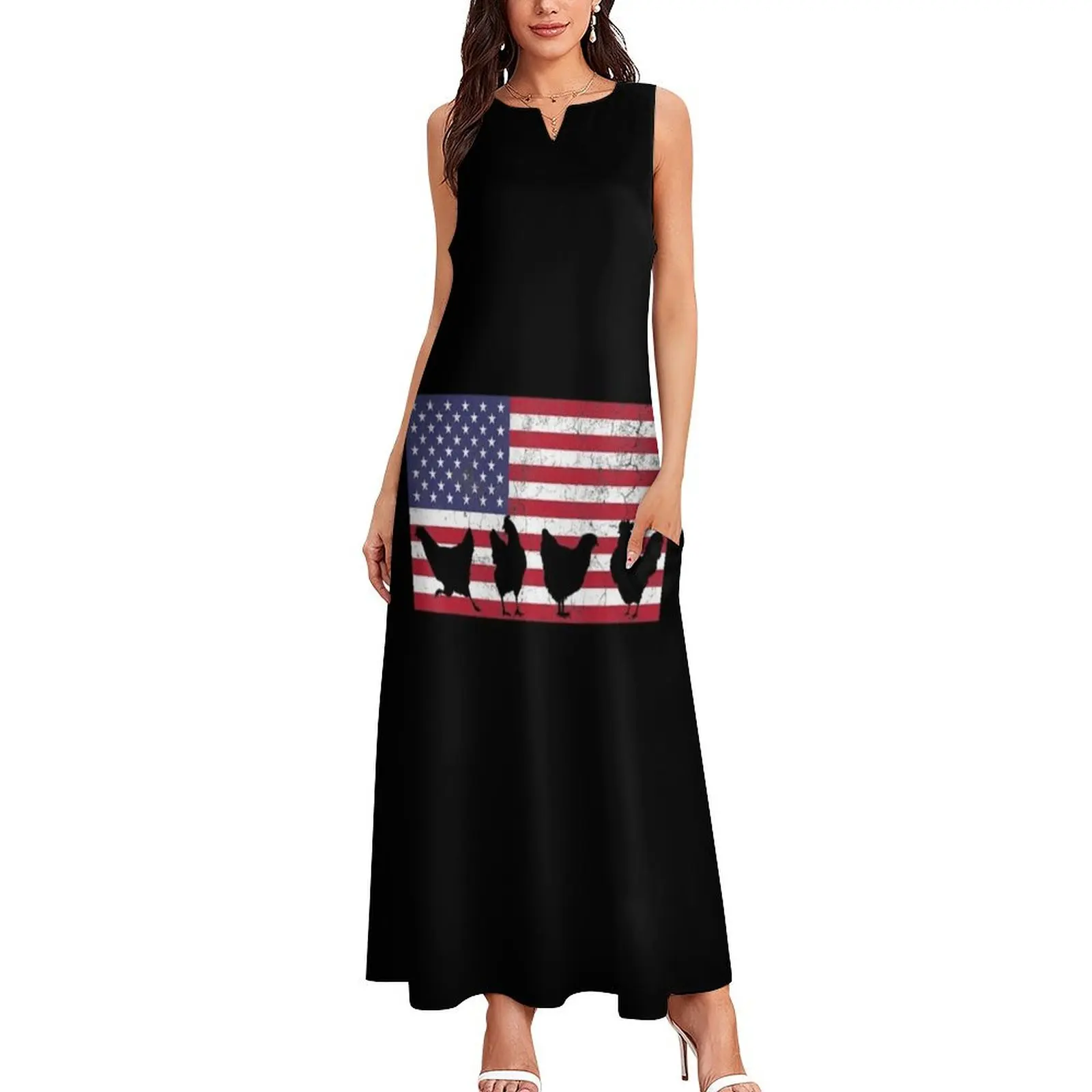 American Flag Chicken Lover USA 4th Of July Animal Lover Long Dress Women's evening dress elegant chic women dresses promotion